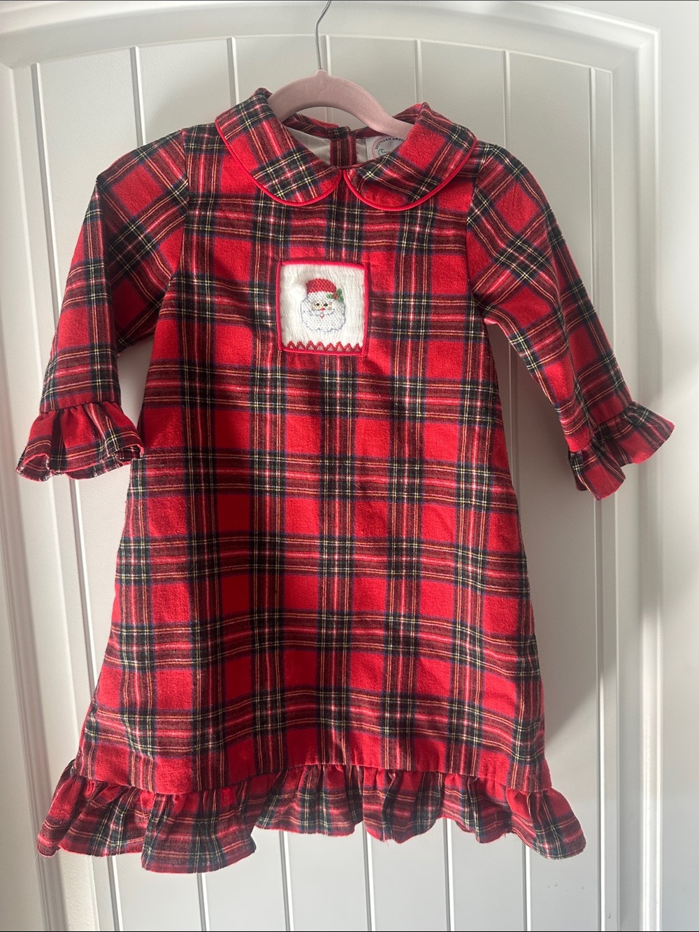 NWT Southern smocked Company Red Plaid Christmas Kids Dress with Santa Patch